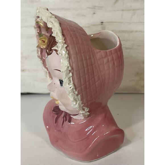 Rare Vintage Pink Bonnet Lady Head Vase | 5" | Women Rare Head Vase | MCM - Picture 2 of 6